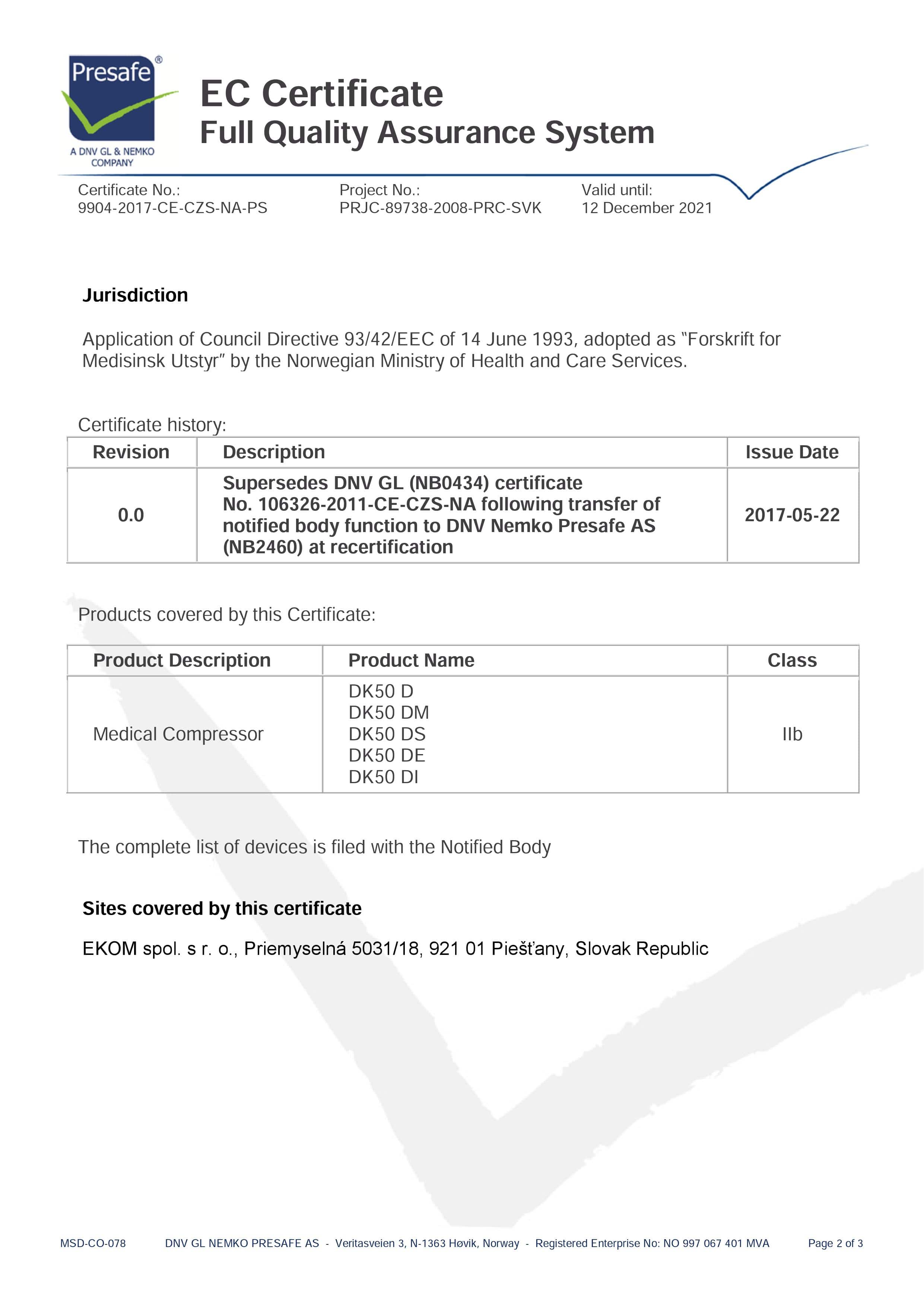 Certyfikat EC EKOM kompresory DK50